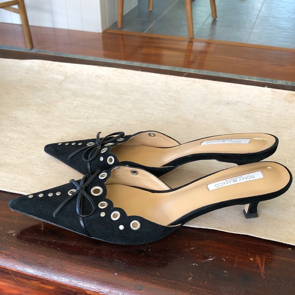 Tony Bianco Black Suede Pointed Toe Grommet Slip-On Mules - Picture 6 of 6